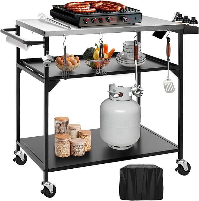 Outdoor Pizza Oven Table, Outdoor Grill Table with Waterproof Cover, Movable Dining Cart Tables with Wheels, Kitchen Cooking Prep Tables BBQ Cart for Home Party, Bar,Camping
