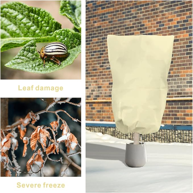 6 PCS Plant Covers Freeze Protection, 47.2"x31.5" Frost Blankets with Zipper Drawstring Reusable Winter Plant Protectors Bag Covers for Outdoor Garden Trees, Shrubs Cover for Frost Cold Pest, Beige