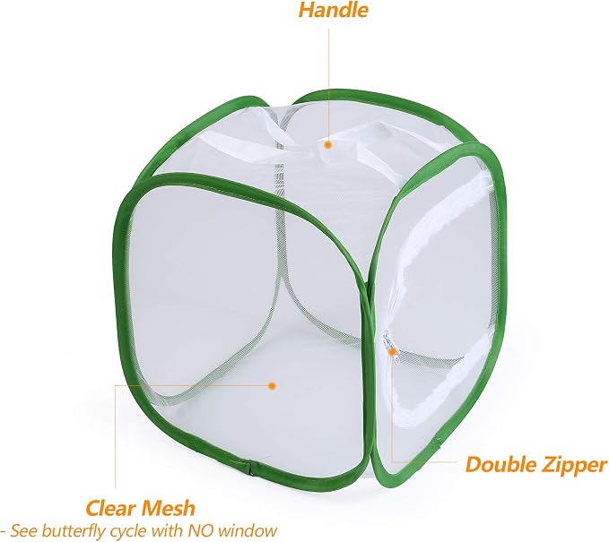 Butterfly Habitat Insect Cage, Small, 12 x 12 x 12 Inches | Caterpillars Enclosure, Pop-up Clear Mesh, 6 Mesh Panels