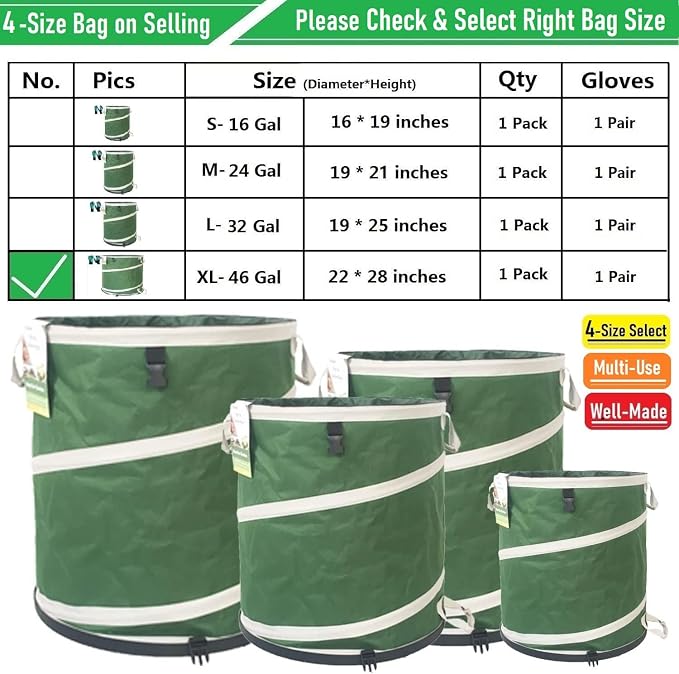46-Gallon Collapsible Trash Can (22x28 in) Hard-Shell Bottom Yard Garden Bag,Big Leaf Bag,Yard Waste Bag,Debris Container,Pop-Up Recycling Bin,Camping Waste Bin,Laundry Hamper,Lawn Grass,Weeds Barrel