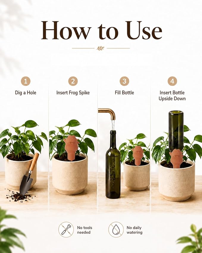 vensovo 4 Pack Terracotta Plant Watering Spikes, Cute Frog Automatic Plant Waterer, Slow Release Self Watering Stakes for Indoor Outdoor Plants, Vacation Plant Care, Fits Wine Bottles