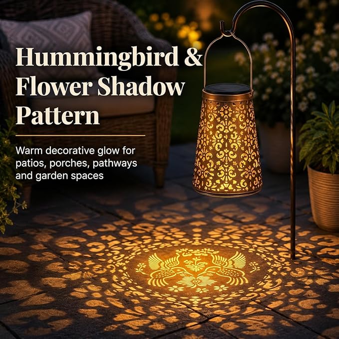 LeiDrail 2 Pack Hummingbird & Flower Solar Lanterns Outdoor, Hanging Waterproof Vintage Metal Lantern, Auto On/Off Garden Patio Yard Porch Pathway Decor, Gifts for Women Mom Grandma