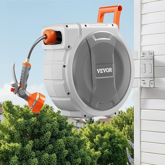 VEVOR Retractable Garden Hose Reel, 1/2 Inch x 145 ft Wall Mounted Hose Reel, Heavy Duty Garden Hose Reel with 9 Patterns Nozzle, Any Length Lock, Upgraded Slow Return System and 180°Swivel Bracket