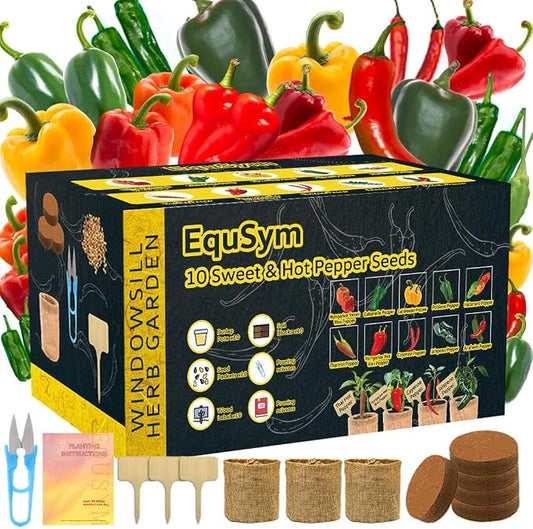 10 Pepper Seeds Window Garden Kit - Hot & Sweet Peppers Seeds for Indoor & Outdoor Planting, Gardening Gift for Kids, Moms, Women, Beginners, Complete Starter Kit Vegetable Garden Starter