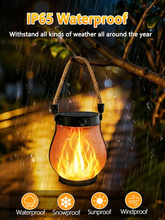 2 Pack Solar Lights Outdoor Waterproof, Solar Lantern with Dancing Flame, 2 Lighting Modes, Dual Charging USB & Solar Powered, with Hanging Rope Handle for Patio Yard Camp Garden Tree Tabletop Decor
