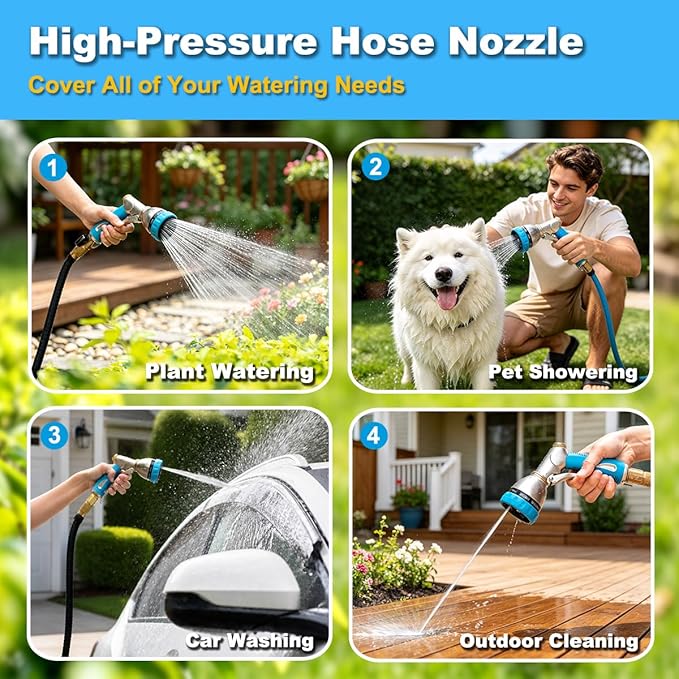 FANHAO Heavy Duty Garden Hose Nozzle, 100% Metal Water Nozzle with 8 Spray Patterns, High Pressure Hose Sprayer with Non-Slip Grip for Plants Watering, Cars Washing & Pets Bathing