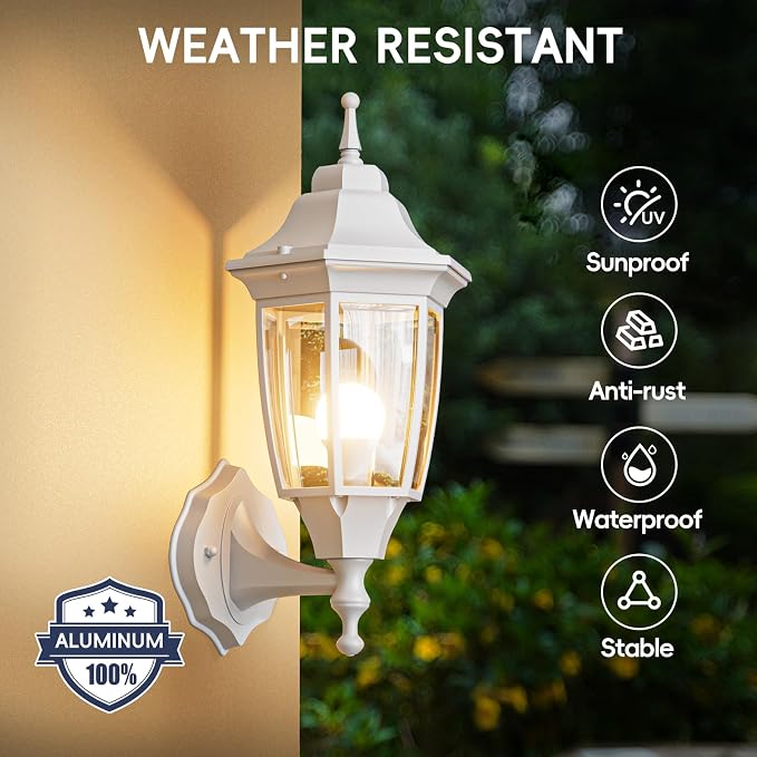 EMART Outdoor Front Porch Light, Exterior Anti-Corrosion, Waterproof Aluminum & Glass Shades Wall Lamp Fixture, Modern Sconce Lantern for Outside, House, Garage - 2 Pack, White （Bulb Included）