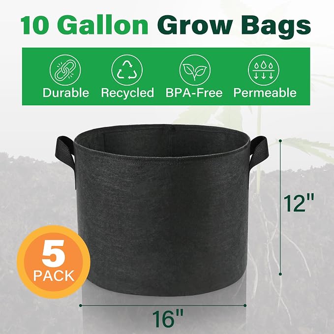 LotFancy 5-Pack 10 Gallon Grow Bags, 300G Thickened Nonwoven Aeration Fabric Pots with Reinforced Handles, Heavy Duty Gardening Planter Containers for Vegetables Flowers Fruits, Black