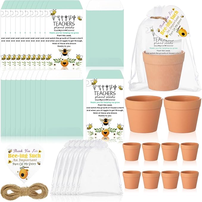Ctosree 24 Sets Bee Teacher Appreciation Gifts Thank You for Helping Me Grow Gifts Seed Packets Bulk Adhesive Seed Packets Flowerpot Organza Bags for Graduation Daycare Teacher Thank You Party Favors