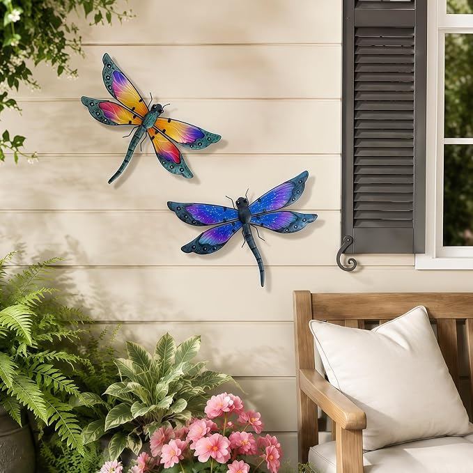 HONGLAND 2 Pcs Metal Dragonfly Decor, Dragonfly Outdoor Wall Decor, Metal Wall Art, Wall Sculptures Gifts Hanging Decorations for Garden Fence Yard Home-Orange&Blue