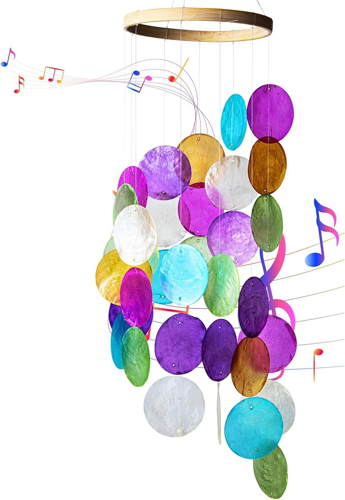 YUFENG Wind Chimes Outdoor Decor, Metal Memorial Windchimes Hanging Decoration for Garden Home Yard and Christmas Tree, 19.6''Rainbow Capiz Seashell Handmade Painted Coastal Mobile