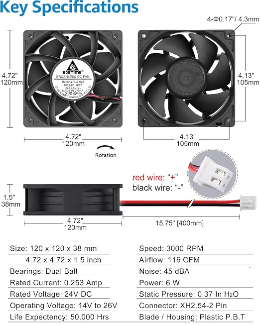 GDSTIME 120mm x 38mm Waterproof Fan 24V IP67 Rating, High Airflow Dual Ball Bearing Powerful Brushless DC Cooling Fans 2-Pin for RV Fridge, Grow Rack, 2-Pack