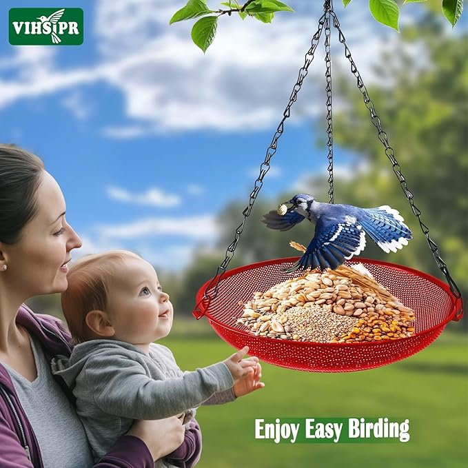 Hanging Platform Bird Feeder, 12 in, Red | Metal Mesh Seed Tray, For Wild Birds, Outdoor Use