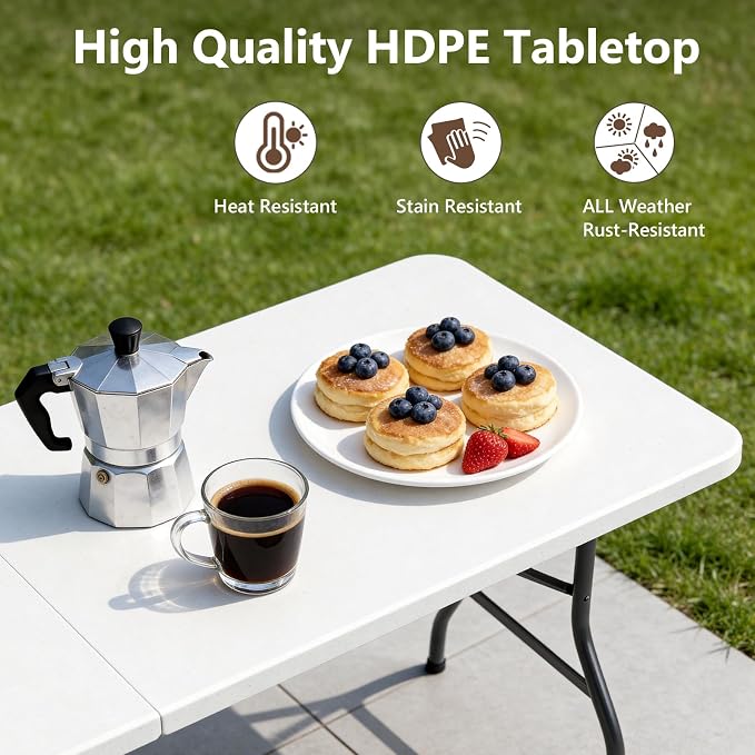 Folding Table, 5 FT Foldable Plastic Table with Carrying Handle, Heavy Duty Portable Fold-in-Half Utility Table for Party, Camping, Banquet, Craft, Wedding, Indoor & Outdoor Use