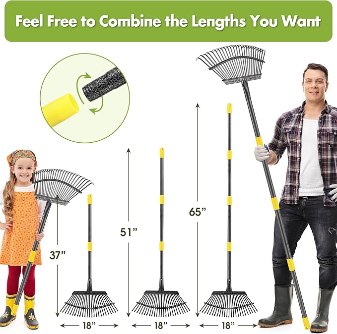 Rake for Leaves, Heavy Duty Leaf Rakes for Lawns & Yard - 65” Adjustable Long Handle 18” Width 25 Metal Tines - Gardening Rake for Adults Kids for Shrub,Grass,Mulch