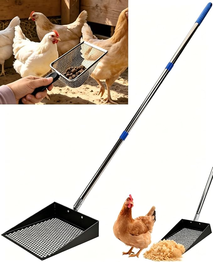 Chicken Poop Scooper, 2 Pack Chicken Coop Scoop with 3.8mm & 8mm Mesh,Chicken Poop Scooper for sand,Chicken Coop Accessories,Chicken Coop Cleaning Tools,Metal Chicken Coop Rake and Scoop Tool(Black)