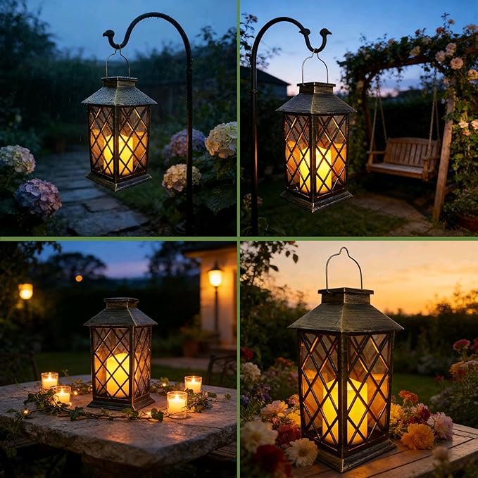 Solar Lanterns Outdoor Hanging Garden Lantern Waterproof LED Flickering Flameless Candle Mission Lights for Table,Outdoor，Mothers Day Gifts Mom Wife (1pack)