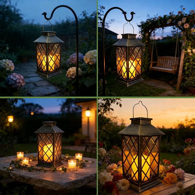 Solar Garden Lanterns Hanging Outdoor Lantern Waterproof LED Flickering Flameless Candle Mission Lights for Table,Outdoor，Mothers Day Gifts Mom Wife (2pack)