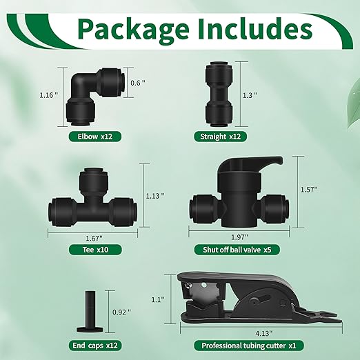 52Pcs 1/4" Drip Irrigation Quick Connect Fittings Kit (12 Couplings, 10 Tees, 12 Elbows, 5 Shut Off Valves, 12 Plugs & Tubing Cutter), Drip Line Connectors for 1/4" Tubing