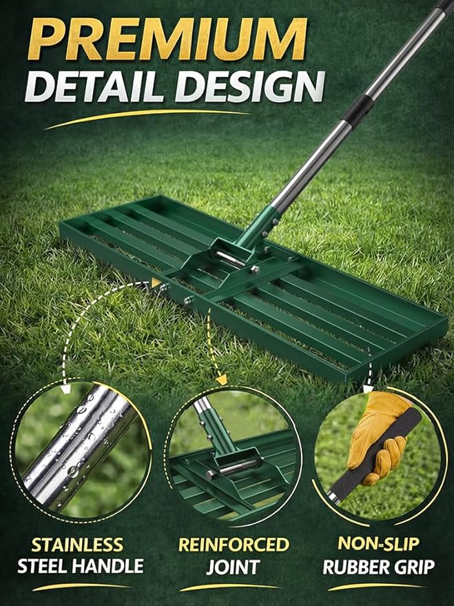 Lawn Leveling Rake, 30x10 inch Adjustable Lawn Leveler for Yard & Garden, Heavy Duty Stainless Steel Handle, Effort Saving Soil & Dirt Leveling Tool for Lawn Top Easy Dressing-Green