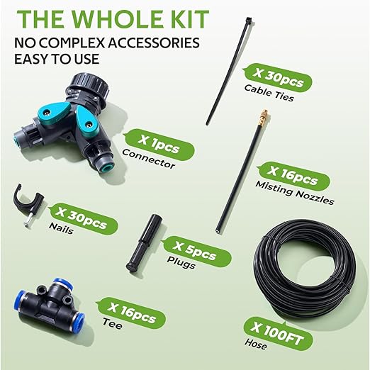 HIRALIY 100FT Garden Watering System with 16 360° Adjustable Copper Mist Nozzles, Quick-Connect Drip Irrigation Kit for Raised Beds, Patio Pots and Greenhouses