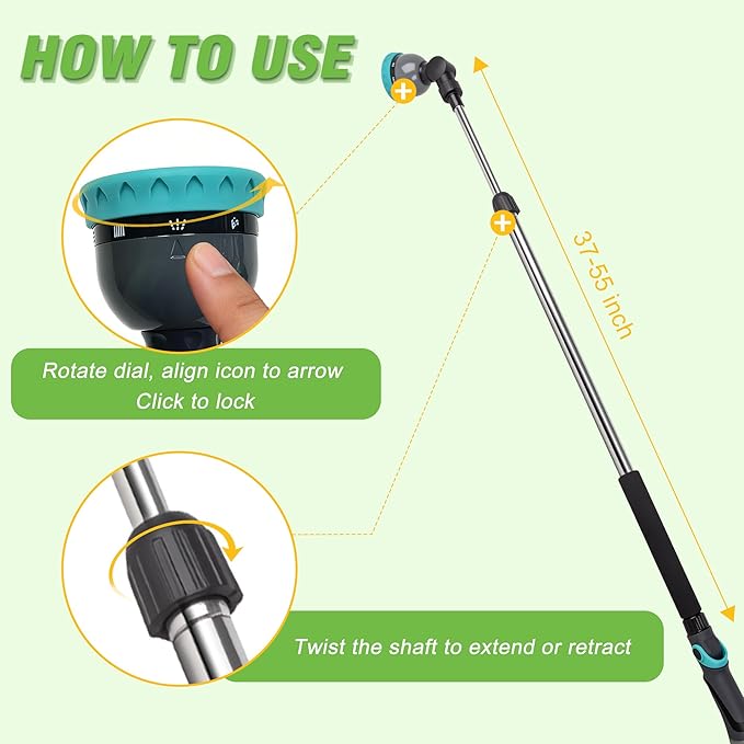 Telescoping Watering Wand 37-55 Inch, 9-Pattern Heavy Duty Garden Hose Nozzle with Pivot Head and Thumb Flow Control, Metal Extendable Wand for Hanging Baskets Shrubs Car Washing