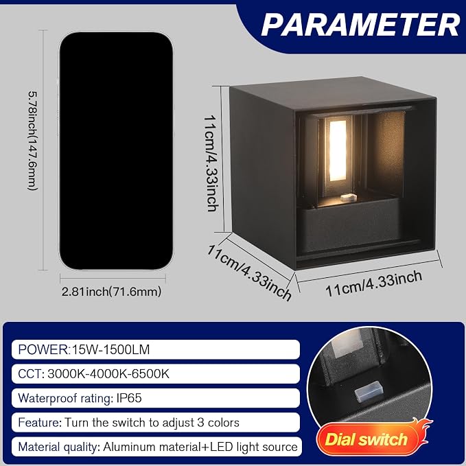 4 Pack LED Outdoor Wall Lights Exterior/Interior 3 Colors Adjustable 15W Wall Light Fixture IP65 Waterproof Porch Exterior Wall Sconce Modern Outdoor Lighting Square Aluminum Black Up and Down Lights