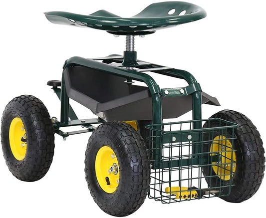 Kintness Garden Cart Rolling Wagon Scooter for Planting Swivel Work Seat with Tool Storage Utility Basket, Garden Scooter with 10" inch Wheel for Garden