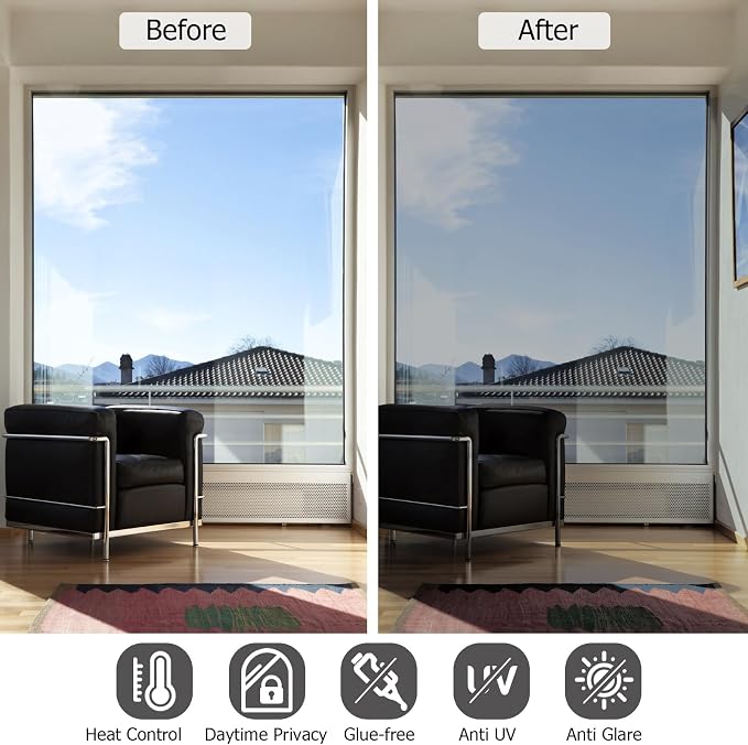 HIDBEA One Way Privacy Window Film, Daytime Privacy Sun Blocking Anti UV Reflective Window Film Heat Control Static Cling Window Tint Film for Home and Office, Silver, 17.5 x 78.7 Inch