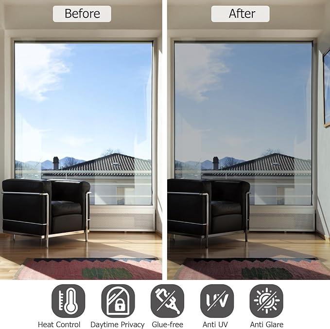 HIDBEA One Way Privacy Window Film, Daytime Privacy Sun Blocking Anti UV Reflective Window Film Heat Control Static Cling Window Tint Film for Home and Office, Silver, 29.5 x 157.5 Inch