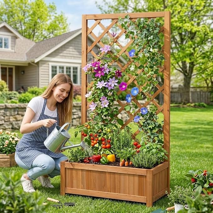 Wooden Raised Garden Bed with Trellis, 47" Outdoor Planter Box for Climbing Plants, Vertical Warm Brown Garden Planter for Vegetables, Flowers & Vines, Lattice Plant Support for Patio Yard Balcony