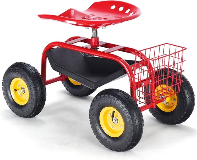 Giantex Rolling Garden Work Seat, 360 Swivel Gardening Workseat with Wheels, Tool Basket, Adjustable Height, Outdoor Scooter for Sitting, Gardening Stool Chair for Planting Trimming, Red
