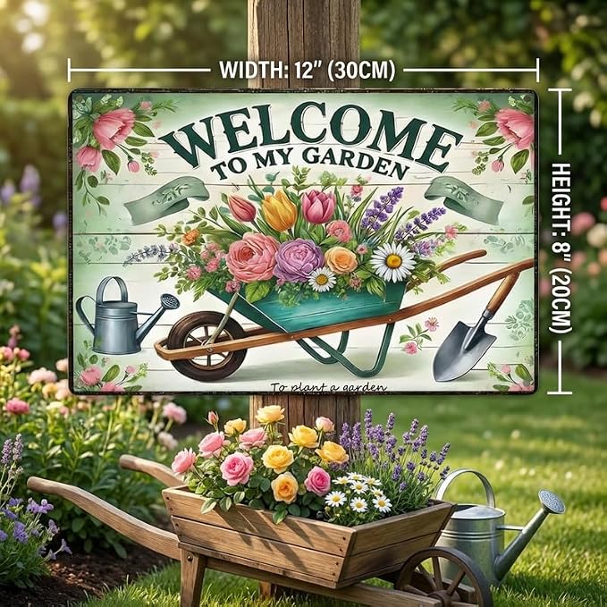 Gardening Gifts for Women, Welcome to My Garden Sign, Vintage Decorative Metal Decor for Outside, Tin Signs for Yard Wall, Outdoor Gardening Gift, 8x12 Inch