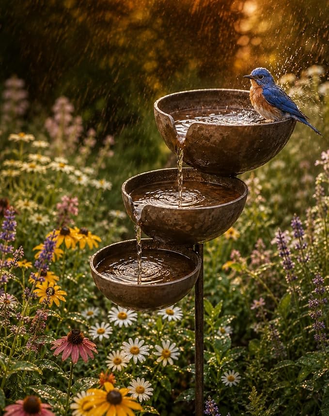 Rain Catcher Bird Bath & Multi-Tiered Water Feature, Rustic Metal Garden Stake, Safe Shallow Bee-Friendly Hydration Bowls, Weather-Resistant Outdoor Bird Bath for Yards, Lawns, Gardens，Copper