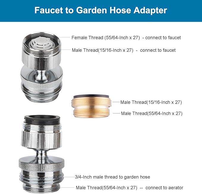 Hibbent Faucet Adapter Kit, Swivel Aerator Adapter to Connect Garden Hose - Multi-Thread Kitchen Sink Faucet to Garden Hose Adapter 3/4 Inch - Chrome Finished