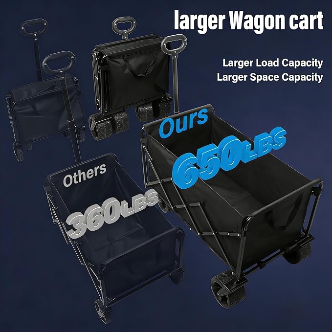Collapsible Wagon Cart, 650lbs Capacity 300L Folding Utility Wagon with All-Terrain Wheels & Brakes, Heavy Duty Foldable Beach Cart for Groceries, Camping, Sports, Shopping