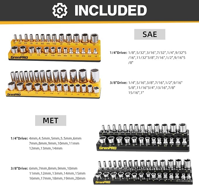 Socket Organizer, Magnetic Socket Holder Set, 4 Piece SAE & Metric Socket Trays Includes 1/4", 3/8" Drive Holds 108 Sockets