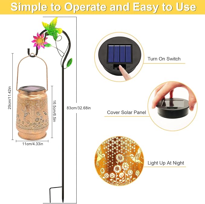 Hummingbird Solar Lanterns Outdoor Garden Decor, Birthday Gifts for Women Mom Grandma, Hanging Metal Solar Lights Waterproof LED Decoration with Shepherd Hook Outside for Yard Patio Lawn Porch
