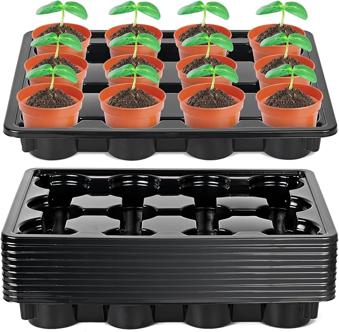 Sckee 12 Cell Round Nursery Pots Trays,Flower Pot Moving Tray, Nursery Pot Tray Plastic Planting Pot Carrying Trays for Moving Nursery Pot (17.2"×13.2"×2.5", 10PCS for 4'' Pots)
