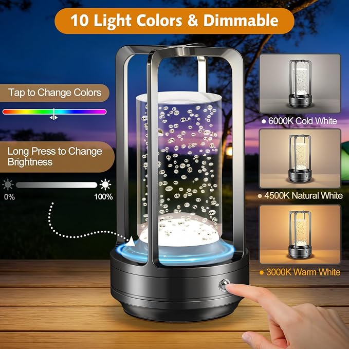 Portable Table Lamp for Outdoor Indoor: Cordless Rechargeable Desk Lamp with 10 Colors - Shower Lamp with Stepless Dimmable - Metal Battery Operated Lantern Light for Bedroom/Bar/Coffee Shop/Camping