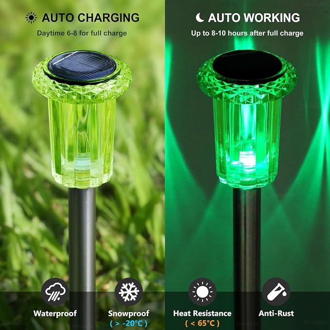 DenicMic Solar Lights Outdoor 10 Pack Waterproof Outside Lights for Yard Pathway Garden Driveway Walkway Landscape Path Lighting Green LED Stainless Steel Stake Halloween Decor