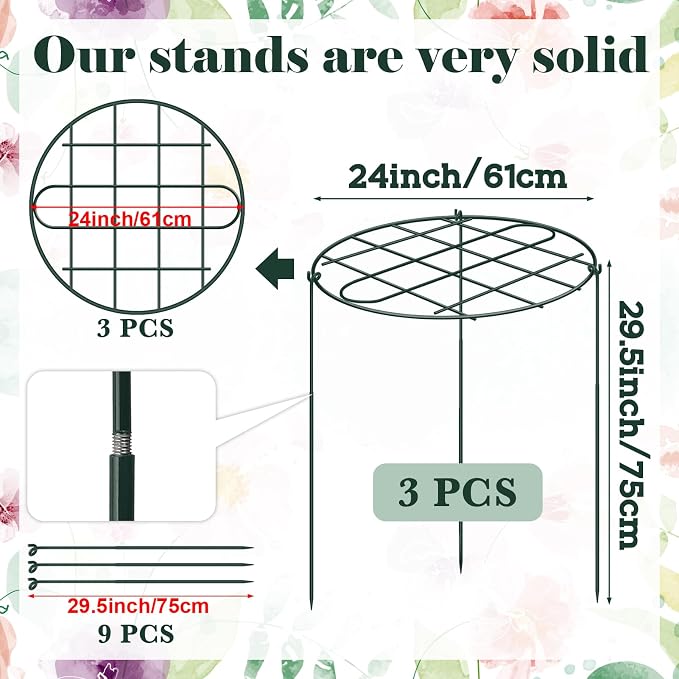 3 Pack 24 x 29.5 Inch Peony Cages and Supports Grow Through Plant Grid Support,Metal Plant Brace Support Peony Rings Hoops for Outdoor Plants Vegetables,Rose,Tomato,Orchids