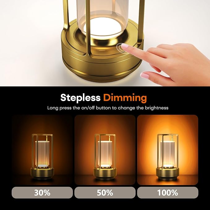 HAPYGI Portable Metal Table Lamp for Indoor/Outdoor,Rechargeable Cordless LED Lamp, 3-Colour Infinitely Dimming Battery Powered Small Desk Lamp, Restaurant/Bedroom/Bar/Coffee/Camping Light (Gold)