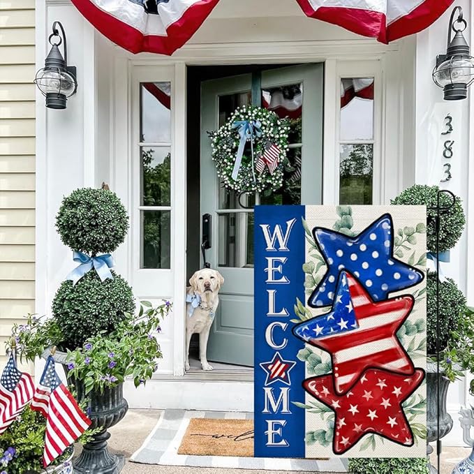 CROWNED BEAUTY 4th of July Patriotic Stars Garden Flag 12x18 Inch Double Sided for Outside Small Burlap Independence Day Welcome Yard Decorations
