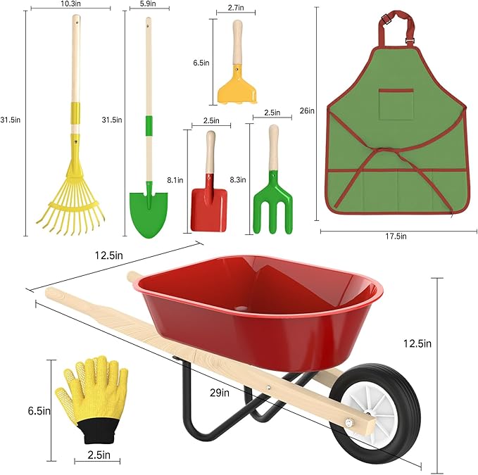 Qtioucp Kids Gardening Wheelbarrow Set, Metal & Wooden Garden Tools for Kids Ages 3-8, Real Wheelbarrows with Apron, Gloves & STEM Guide, Outdoor Backyard Garden Toy Gift (Wheelbarrow Garden Set)