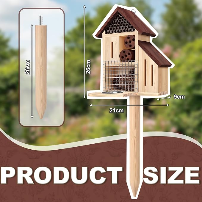 Hoteam Wooden Insect Hotel Bee Ladybugs Butterfly House Large Natural Mason Bee Lady Bug Hotel with Stake and Feeder for Garden Yard Backyard Attract Butterflies Pollinators Beneficial Insect(Brown)