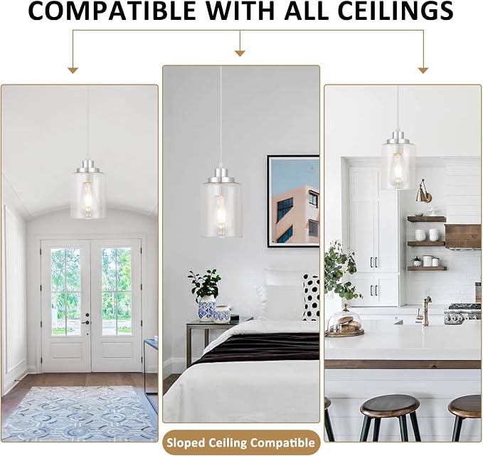 WimiSom Industrial Pendant Lighting, Modern Clear Glass Shade Pendant Lights, Adjustable Hanging Light Fixtures, Farmhouse Pendant Lighting for Kitchen Island Living Room Bedroom Hallway 3-Pack