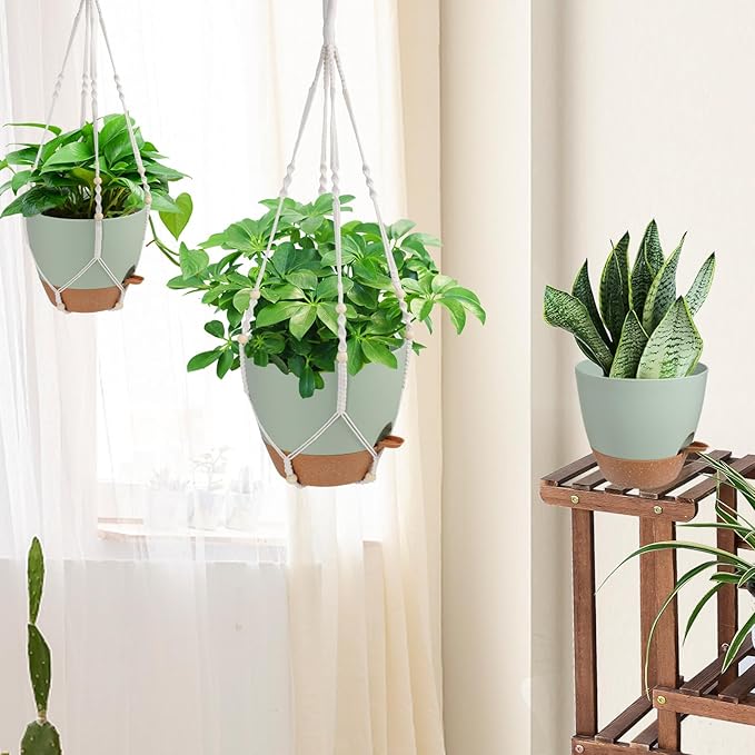 Vanslogreen 12 Inch Hanging Planters for Indoor Outdoor Plants, Self Watering Hanging Pot with Drainage Holes & Removable Tray, Macrame Plant Hanger for Boho Home Decor (Ivory+White) (Ivory+Green)