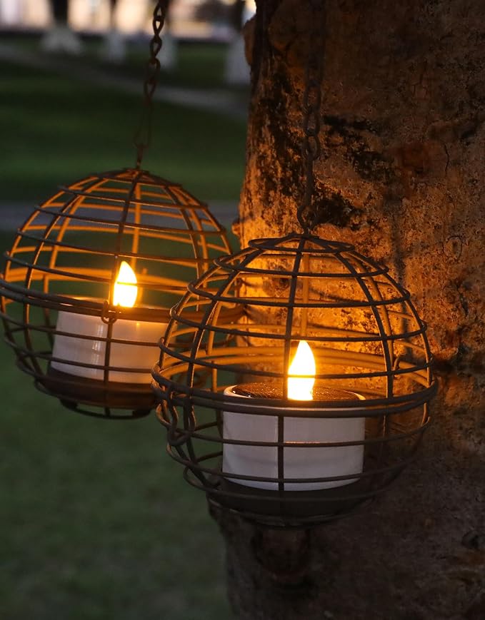 Large Solar Lights Outdoor Hanging Lanterns 6 Pack, Rustic Iron 4.3" Ball Solar Tea Lights with Flickering Flame Candle, Waterproof Hanging Lights for Backyard Patio Garden Fence Tree Pergola Décor