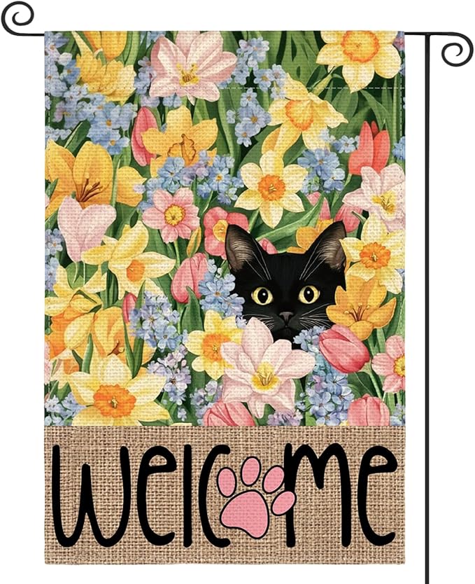 AVOIN colorlife Spring Floral Garden Flag 12x18 Inch Double Sided Outside, Black Cat Welcome Seasonal Yard Outdoor Flag